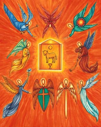 This original artwork of the Nine Choirs of Angels is by illustrator Jason Koltuniak, and it is published in the children's book, Counting on Faith.