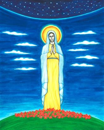 This original artwork of the Blessed Virgin Mary is by illustrator Jason Koltuniak, and it is published in the children's book, Saved by the Alphabet.