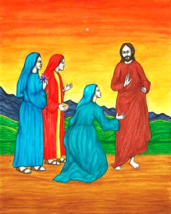 In this original book illustration, by Jason Koltuniak in Saved by the Alphabet from Divine Providence Press, Jesus was supported in His ministry by Susanna, Joanna, and Mary Magdalene.