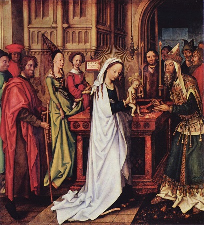 Mary and Joseph bring the Infant Jesus to the Temple in Jerusalem to have Him consecrated to the Lord according to the Law of Moses.