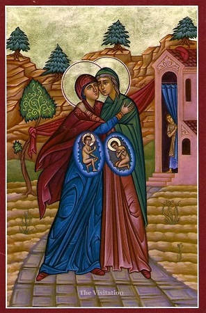 The Blessed Virgin Mary, pregnant with Jesus Christ, visits Elizabeth, pregnant with John the Baptist.