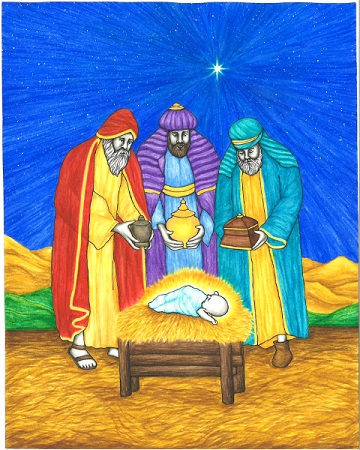 This original artwork of the Wise Men from the East is by illustrator Jason Koltuniak, and it is published in the children's book, Saved by the Alphabet.